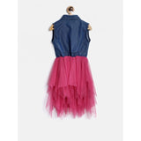 Blue-Pink polyester crepe-net solid shoulder straps shirt collar dress for girls, on mannequin