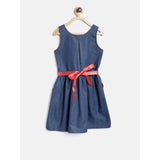 Blue denim girl's solid sleeveless round neck dress with knee-length style