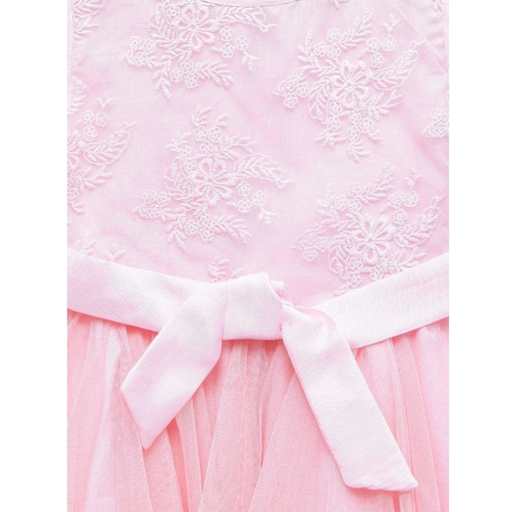 Light Pink polyester net floral printed sleeveless round neck dress for girls, ideal for warm weather events