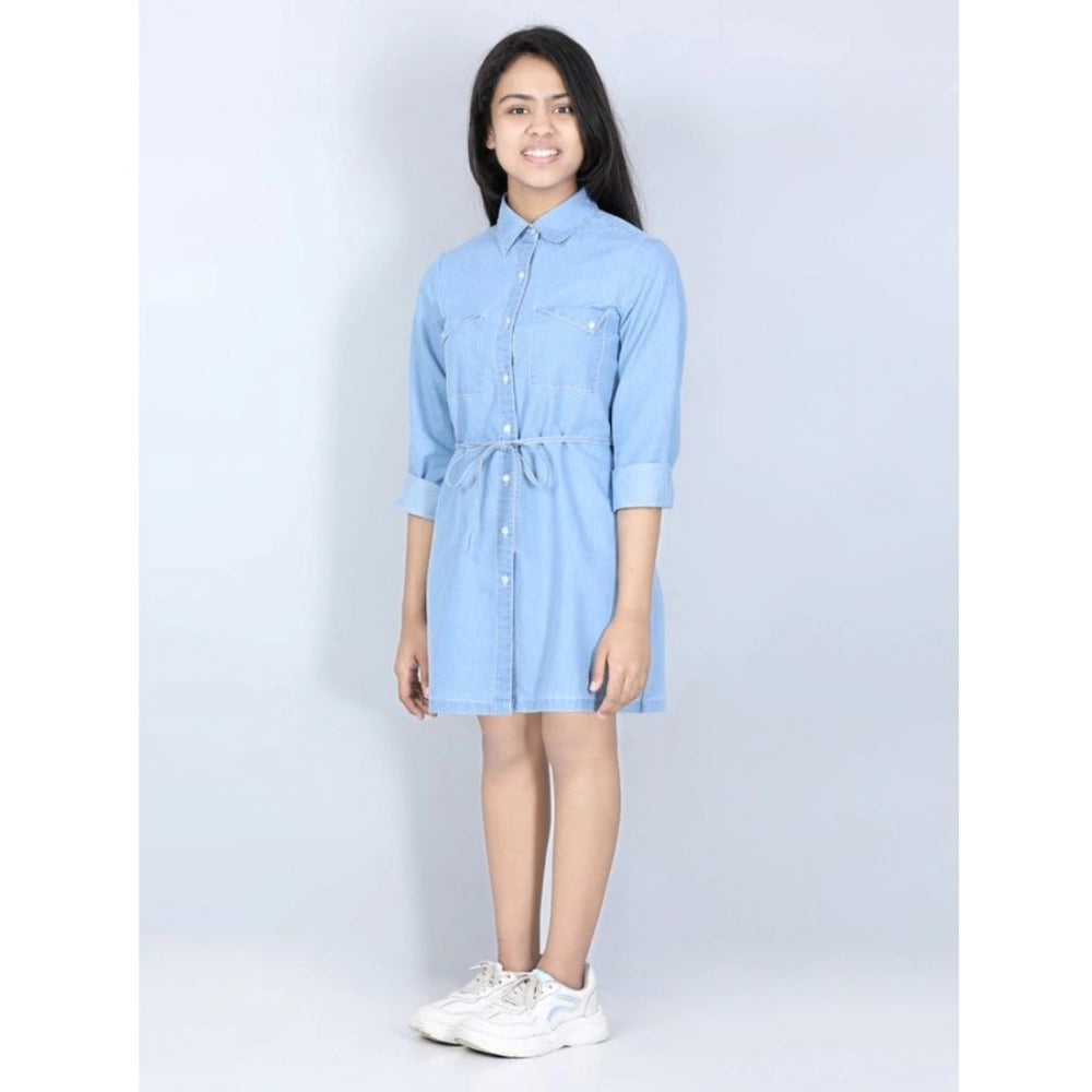 Blue denim long-sleeve shirt dress for girls, solid pattern