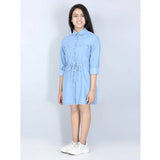Blue denim long-sleeve shirt dress for girls, solid pattern