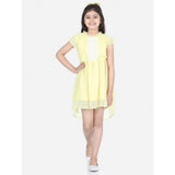 Lemon yellow polyester solid short sleeve round neck dress for girls, above knee length on model