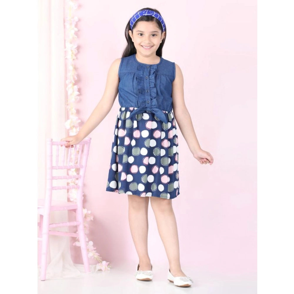 Blue denim rayon printed sleeveless round neck dress for girls, above knee length
