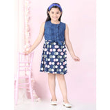 Blue denim rayon printed sleeveless round neck dress for girls, above knee length
