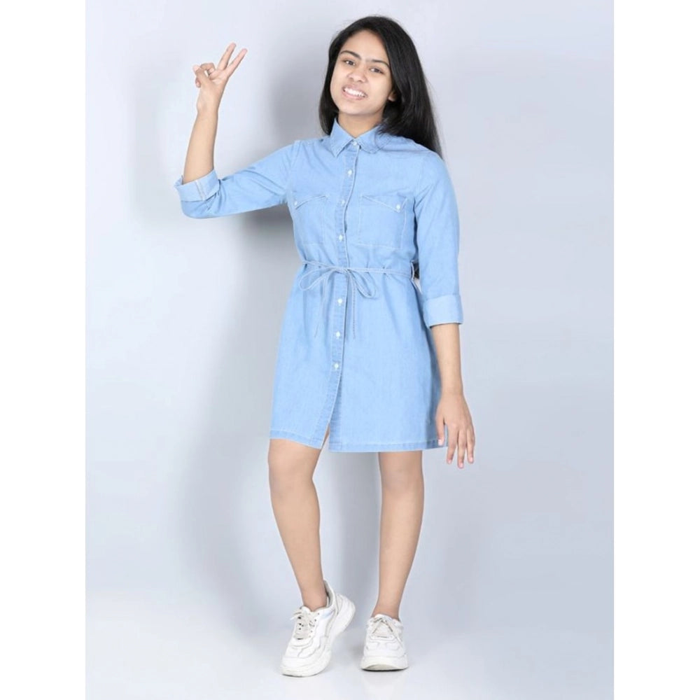 Blue denim long-sleeve shirt dress with solid pattern and collar neckline
