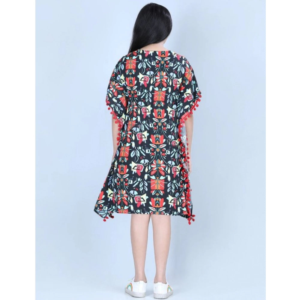 Multicolor polyester moss printed kaftan sleeve round neck dress for girls, vibrant pattern detail on display