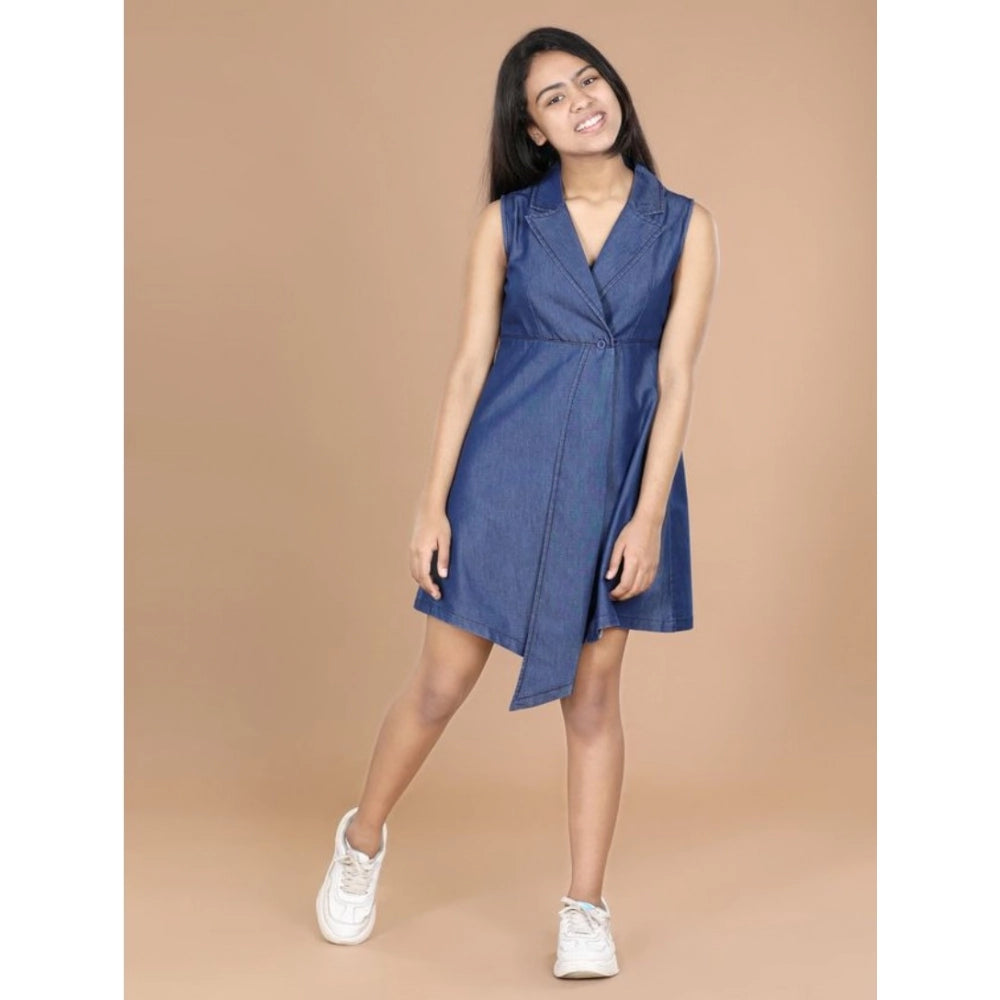 Blue denim sleeveless shirt dress with shirt collar, solid pattern for girls' fashion