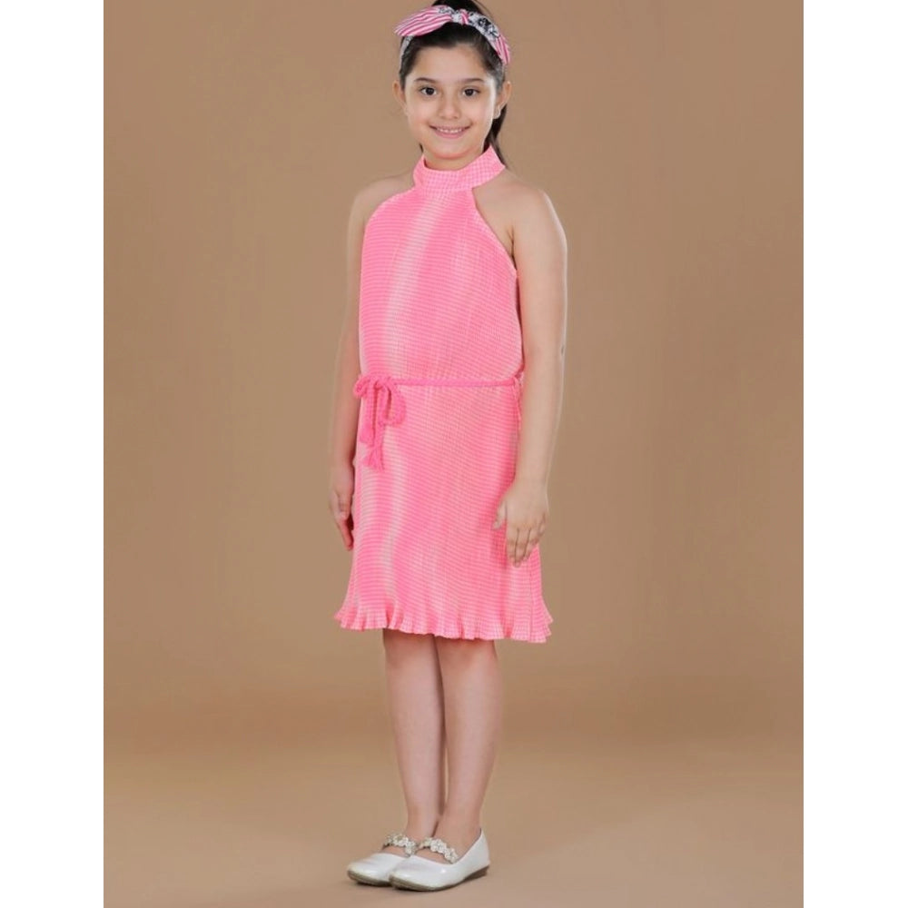 Pink polyester crepe printed sleeveless round neck dress for girls, knee-length fashion