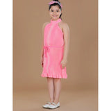 Pink polyester crepe printed sleeveless round neck dress for girls, knee-length fashion