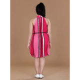 Pink polyester crepe printed sleeveless round neck dress for girls