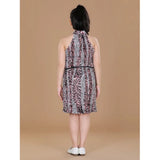 Black-Pink polyester crepe sleeveless round neck dress, printed pattern for girls' fashion