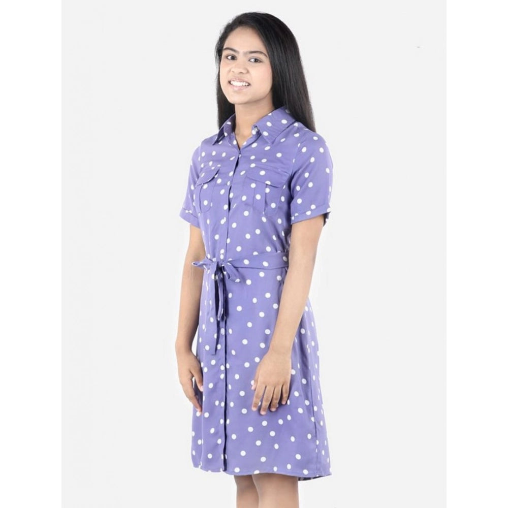 Lavender polyester printed short sleeve shirt collar dress for girls, vibrant pattern details visible