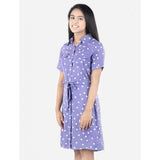 Lavender polyester printed short sleeve shirt collar dress for girls, vibrant pattern details visible