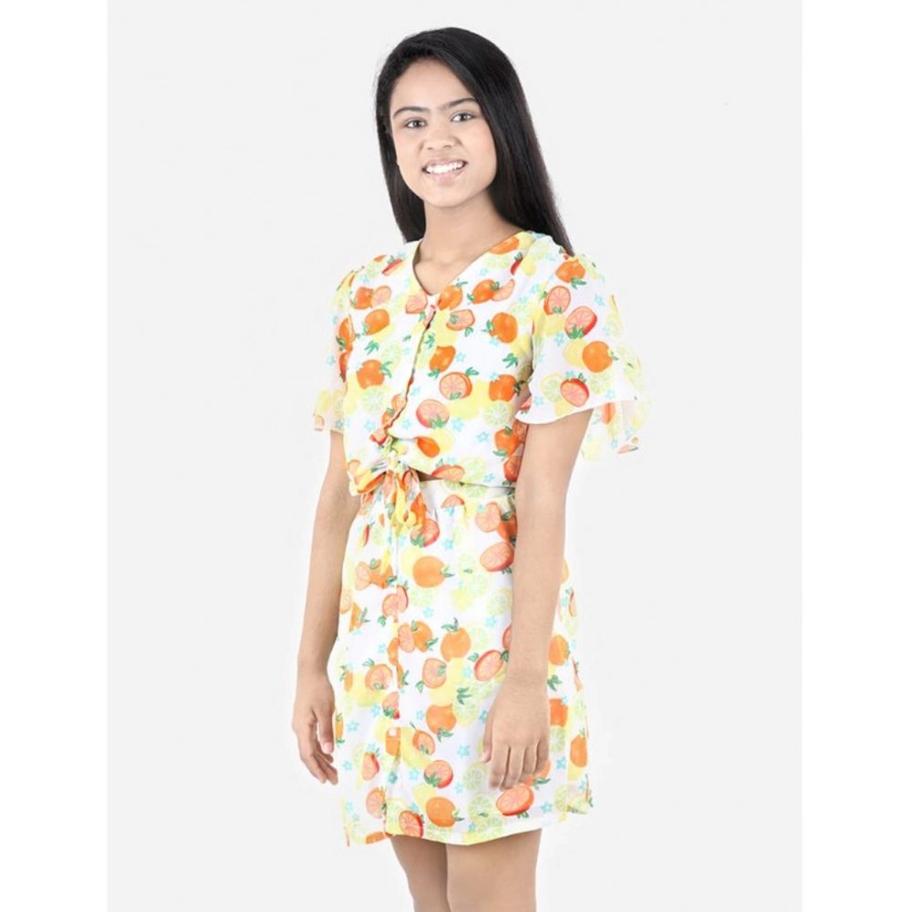 Yellow-Orange polyester printed v-neck dress for girls, short sleeves, knee length
