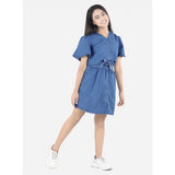 Blue denim girls' solid short sleeve V-neck dress