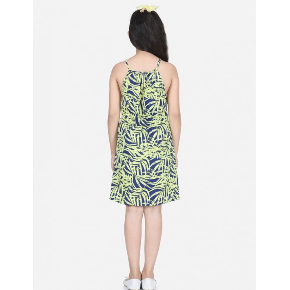 Blue-Yellow polyester floral printed round neck dress for girls on mannequin