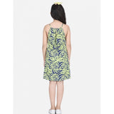Blue-Yellow polyester floral printed round neck dress for girls on mannequin