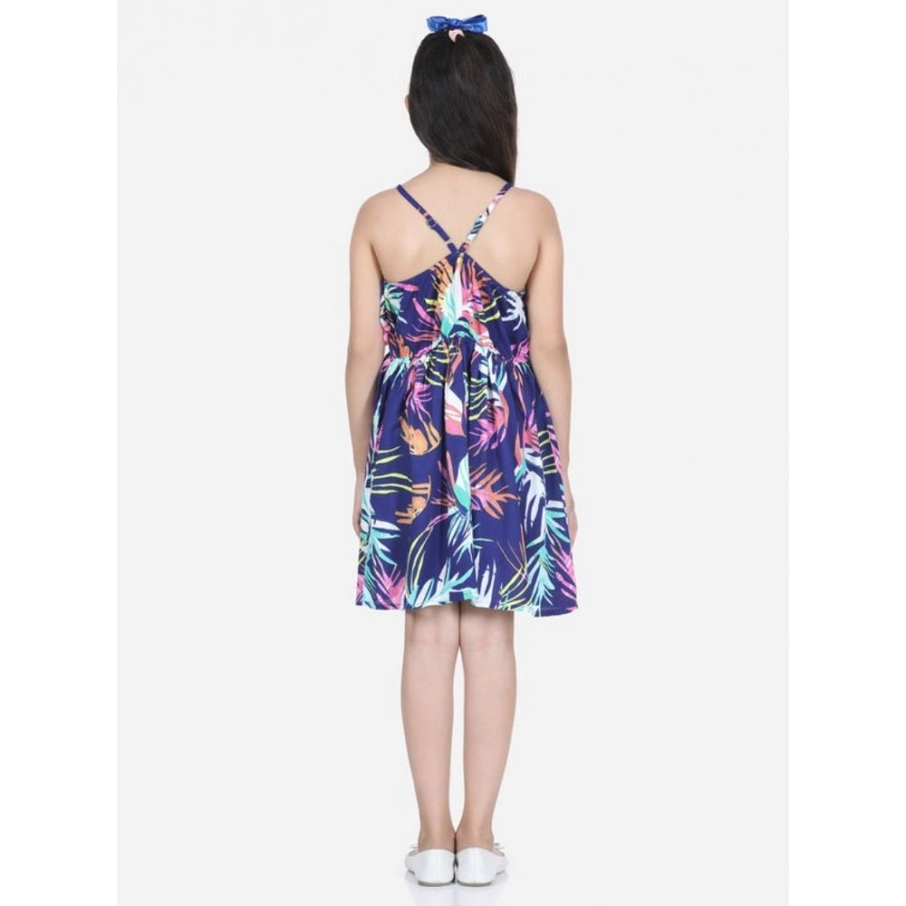 Blue rayon printed sleeveless round neck dress for girls, vibrant pattern ideal for casual wear
