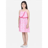 Pink rayon printed sleeveless round neck dress for girls, above knee length on model