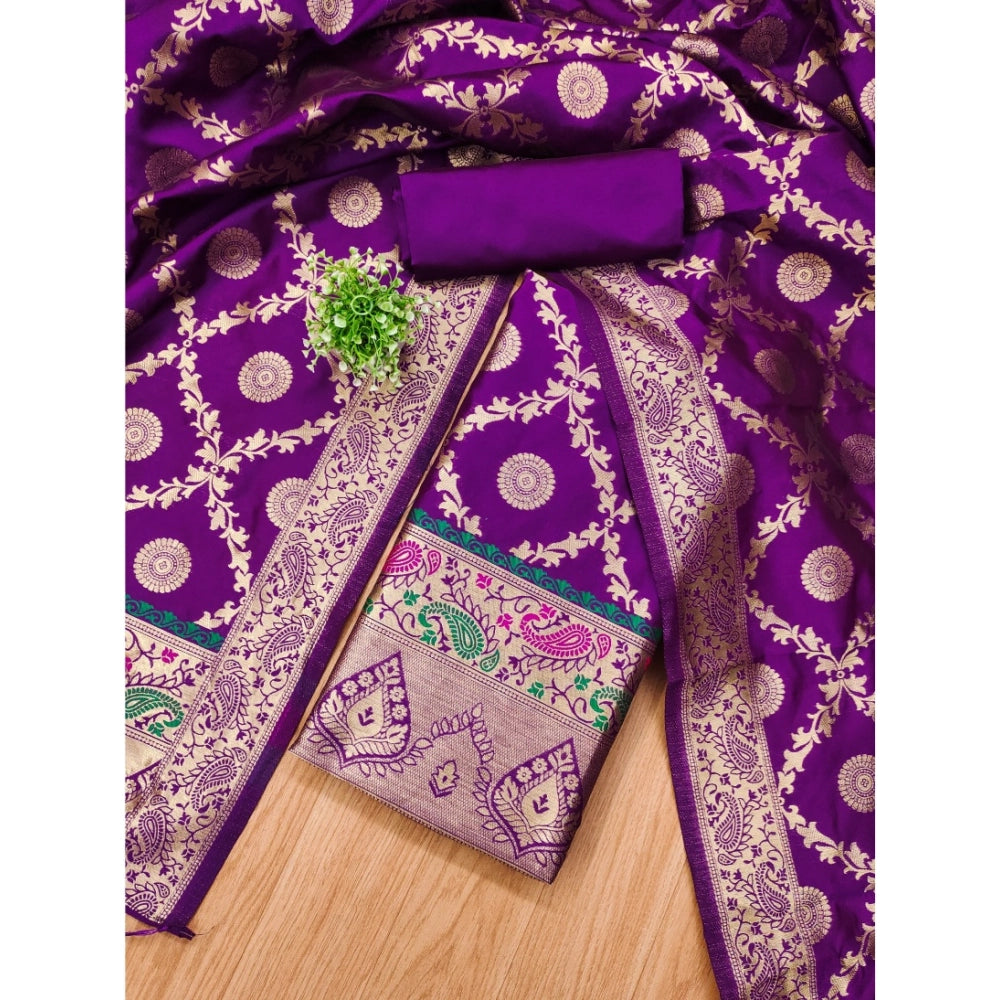 Purple Banarasi silk printed unstitched salwar suit with dupatta (3m), traditional Indian women's fashion