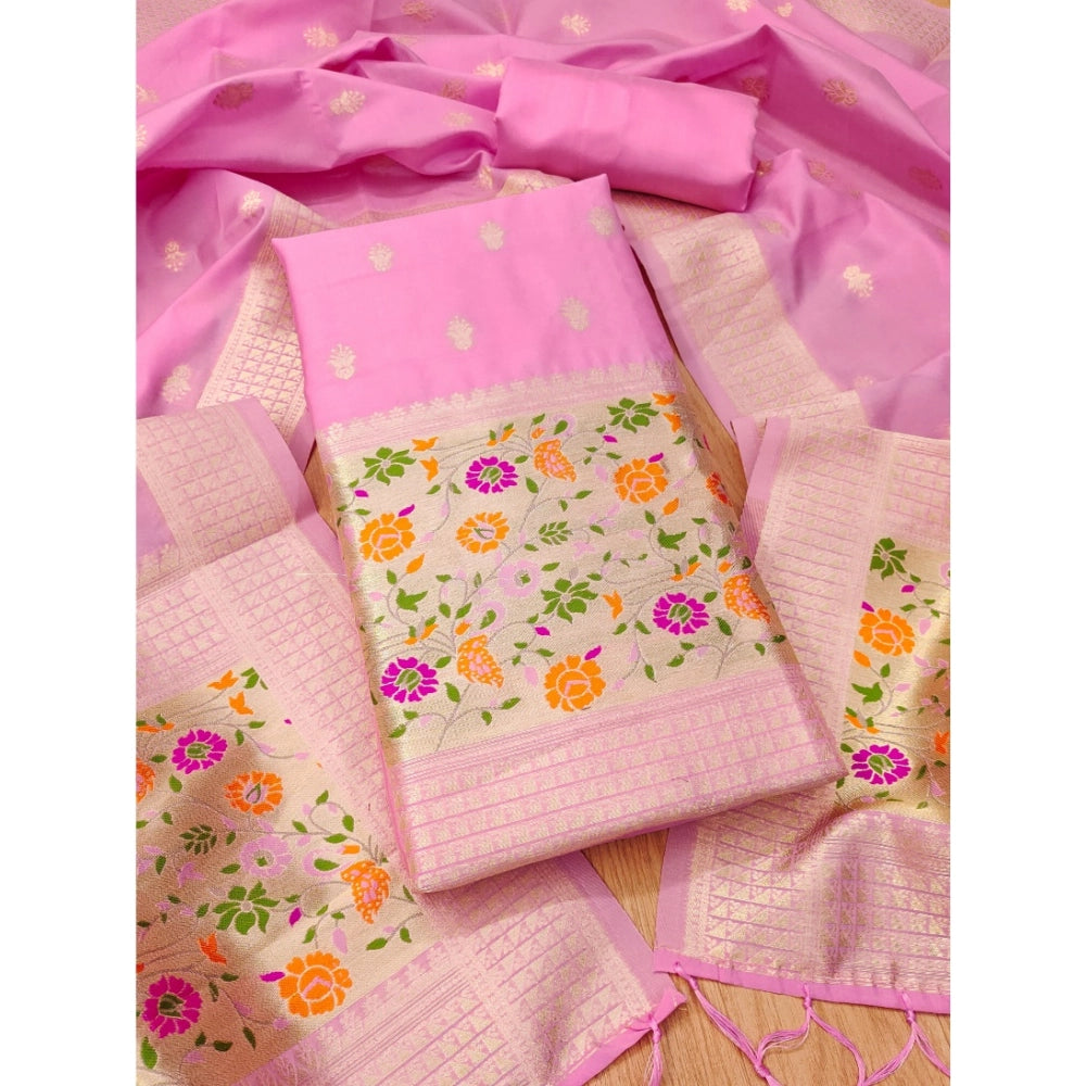 Light Pink Banarasi Silk Printed Unstitched Salwar Suit & Dupatta (3m) - Indian fashion wear for women on display