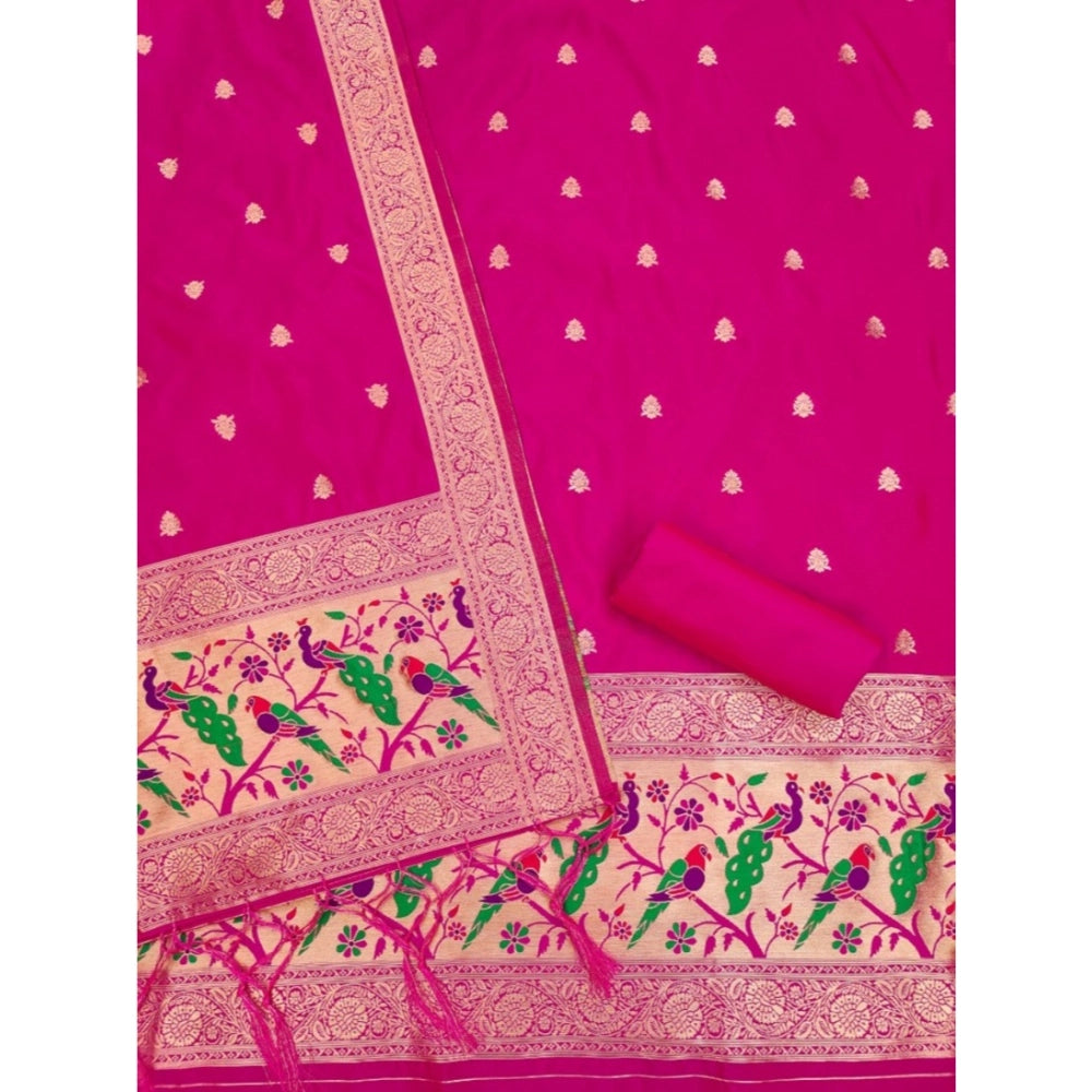 Pink Banarasi Silk printed unstitched salwar suit with dupatta (3m) on display stand
