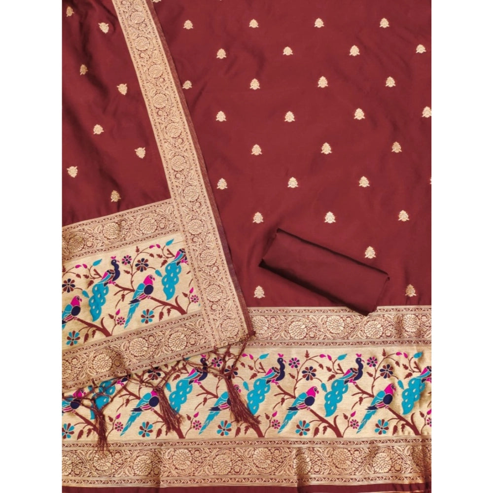Maroon Banarasi Silk printed unstitched salwar suit & dupatta (3m) - vibrant Indian women's fashion accessory