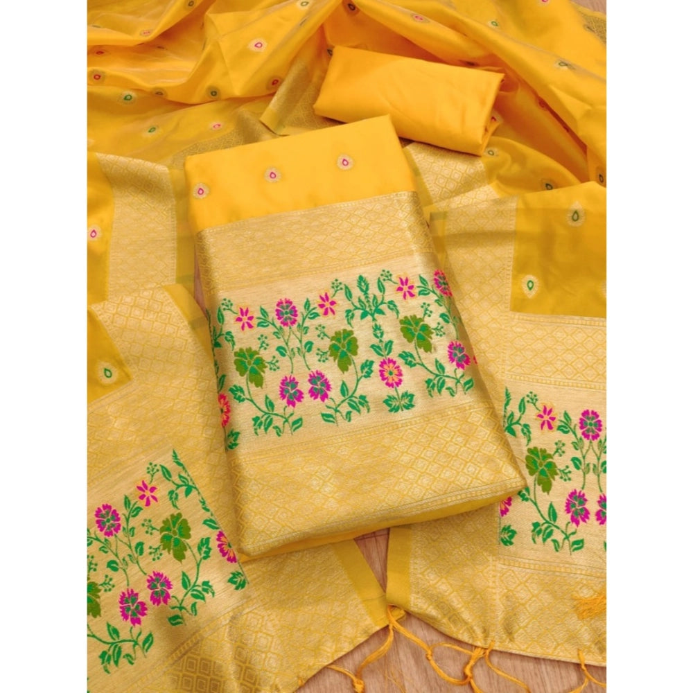 Yellow Banarasi silk printed unstitched salwar suit with dupatta (3m)