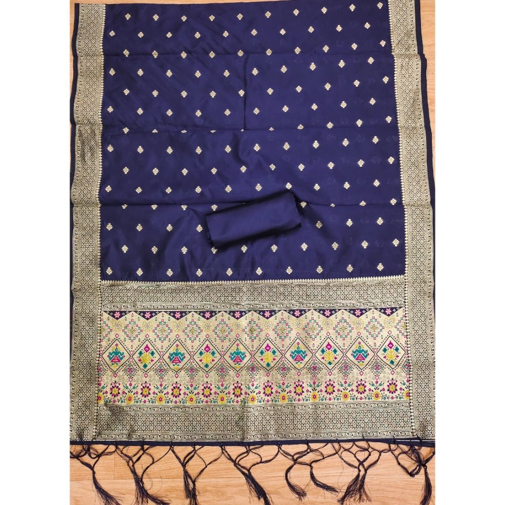Navy blue Banarasi silk printed unstitched salwar suit with dupatta (3m), perfect for traditional occasions