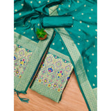 Banarasi silk printed unstitched salwar suit with dupatta (Rama), 3m long top, 2.5m bottom, 2.3m dupatta