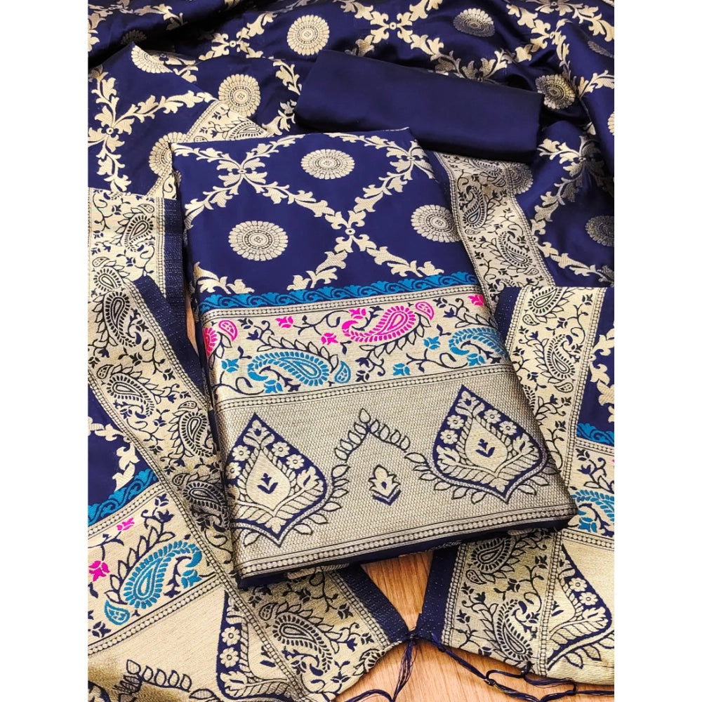 Navy Blue Banarasi Silk Printed Unstitched Salwar Suit & Dupatta, 3m length