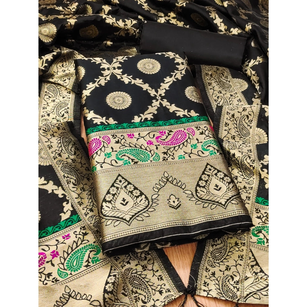 Black Banarasi silk printed unstitched salwar suit with dupatta (3mts), traditional Indian women's wear on mannequin