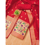 Red Banarasi Silk printed unstitched salwar suit with dupatta (3m) on display