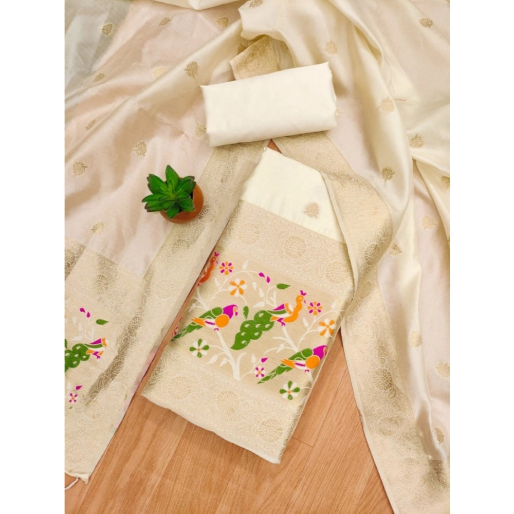 White Banarasi Silk printed unstitched salwar suit with dupatta (3m) on mannequin