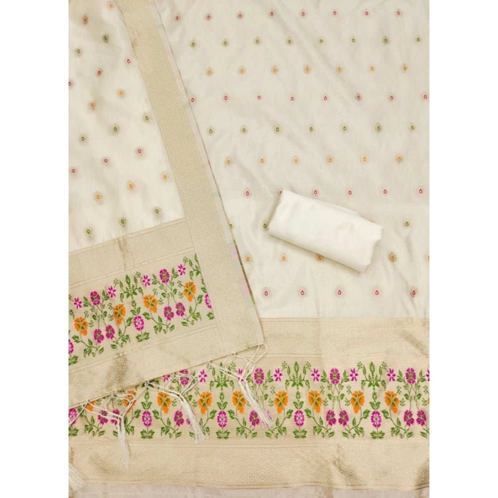 White Banarasi silk printed unstitched salwar suit with dupatta (3m)