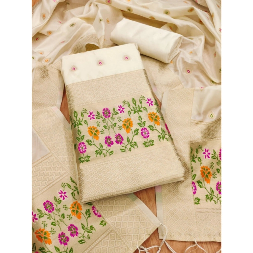 White Banarasi Silk printed unstitched salwar suit with dupatta (3m) on mannequin