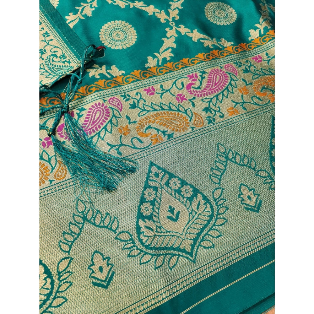 Rama color Banarasi silk printed unstitched salwar suit set with dupatta (3m), women's fashion accessory on mannequin