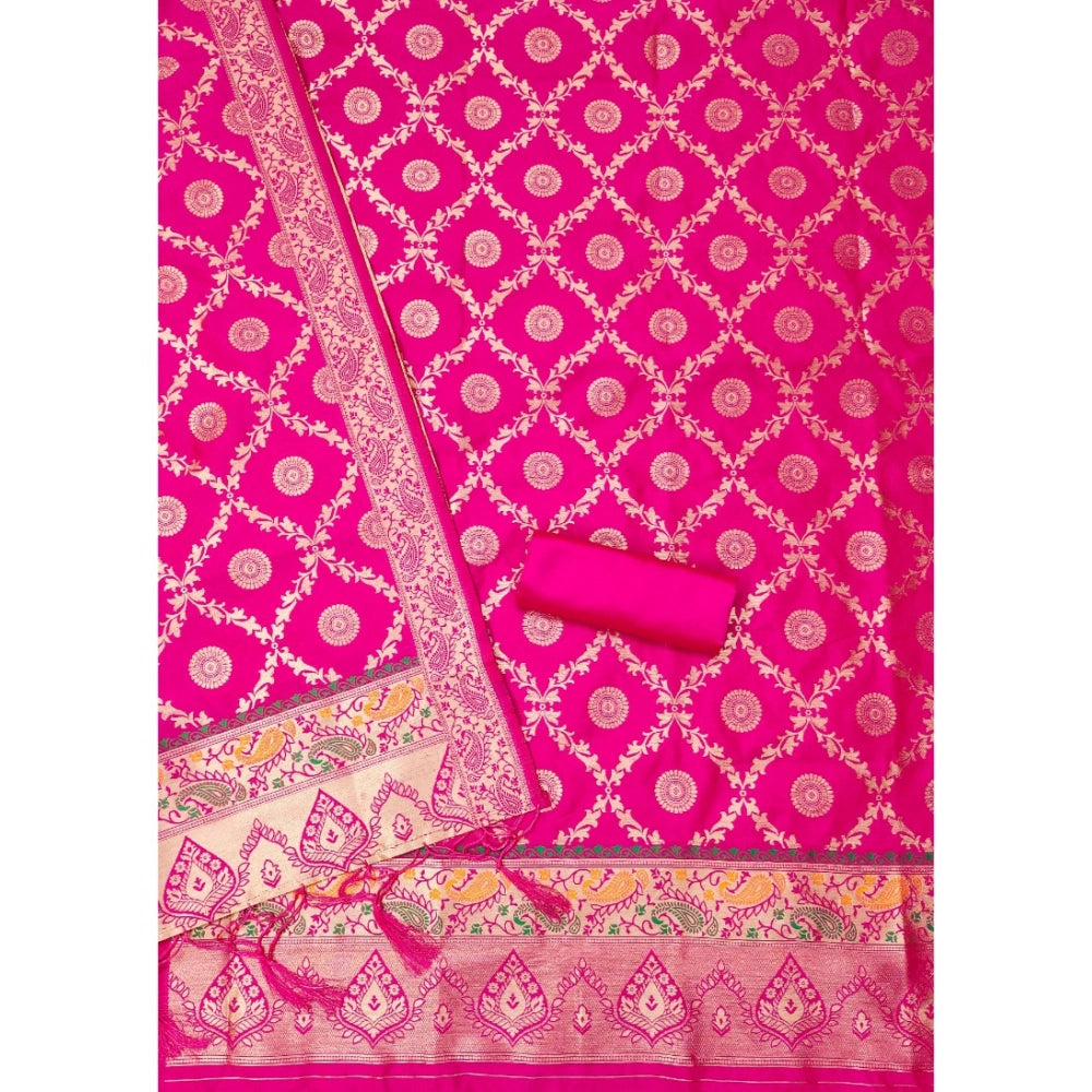 Pink Banarasi Silk printed unstitched salwar suit with dupatta (3m) on hanger