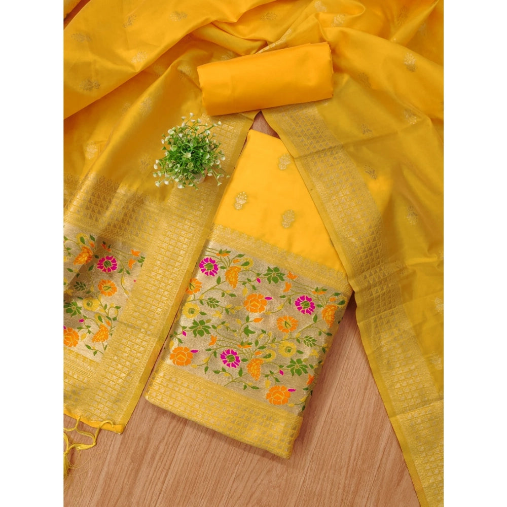 Yellow Banarasi silk printed unstitched salwar suit with dupatta (3m)