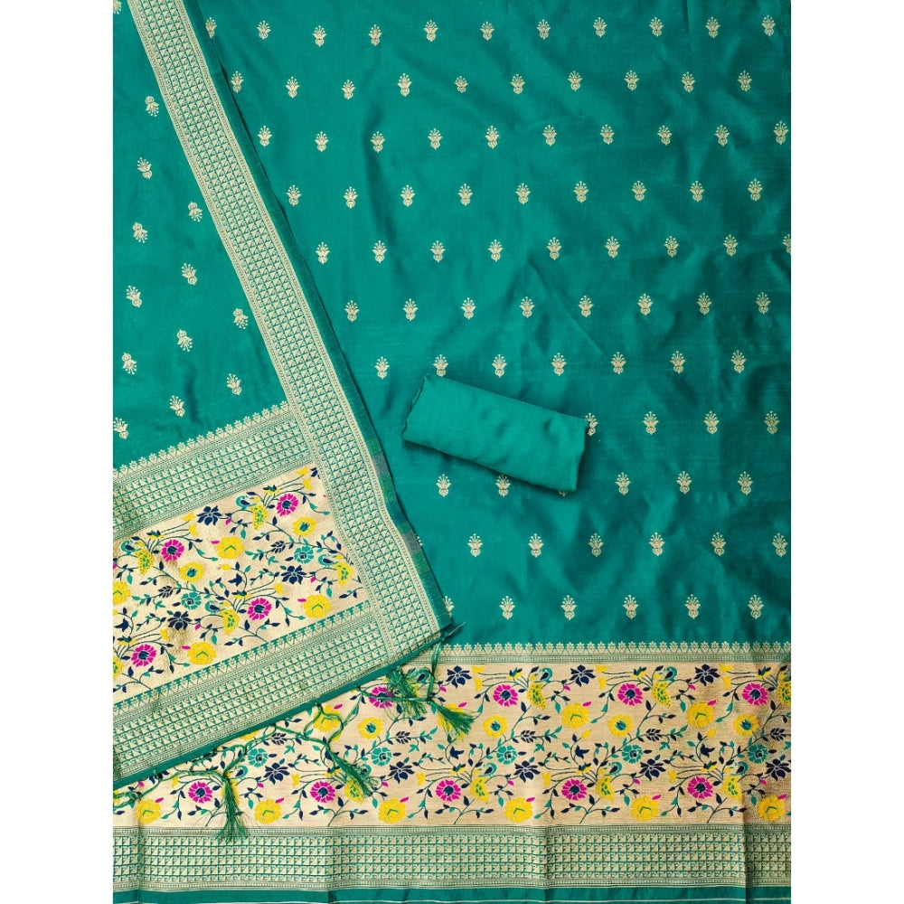 Banarasi silk printed unstitched salwar suit with dupatta (Rama), 3m long top fabric, 2.50m long bottom fabric, 2.30m long dupatta