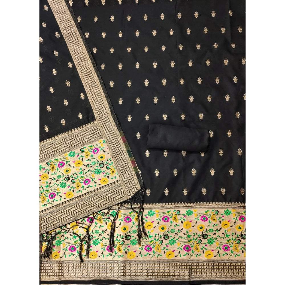 Black Banarasi Silk printed unstitched salwar suit set with dupatta (3m) on display