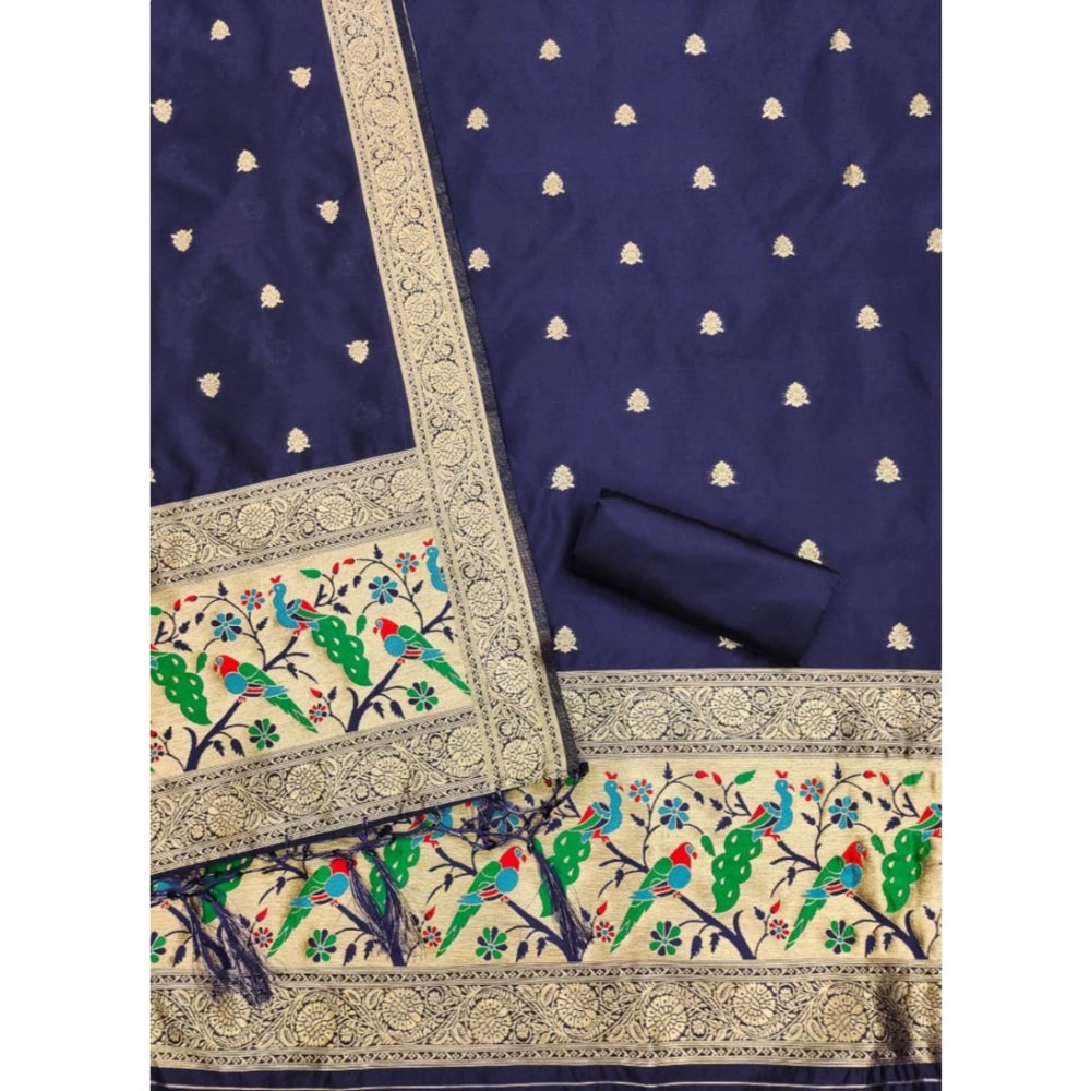 Navy Blue Banarasi Silk Printed Unstitched Salwar Suit with dupatta (3mtrs)