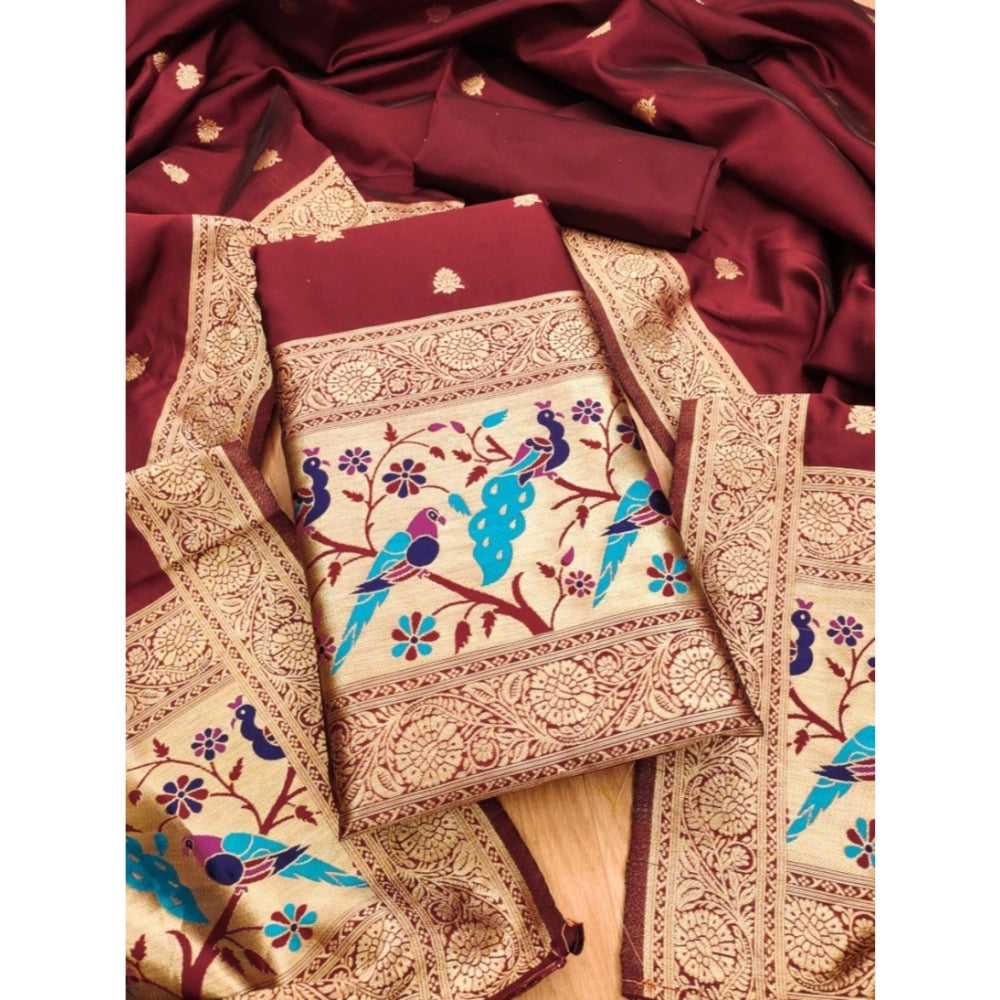 Maroon Banarasi silk printed unstitched salwar suit with dupatta (3mtrs) - traditional Indian women's wear