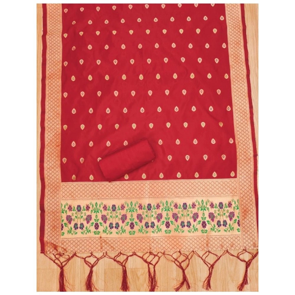 Red Banarasi silk printed unstitched salwar suit set (3m) with dupatta, traditional Indian women's wear