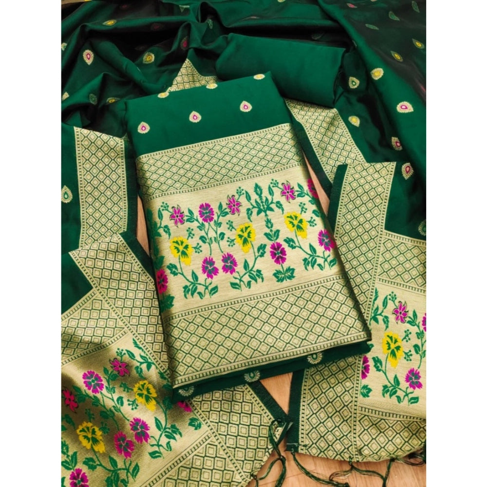 Bottle Green Banarasi Silk printed unstitched salwar suit & dupatta, 3m long