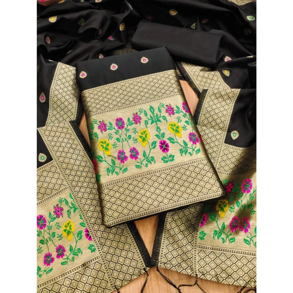 Black Banarasi silk printed unstitched salwar suit with dupatta (3m)