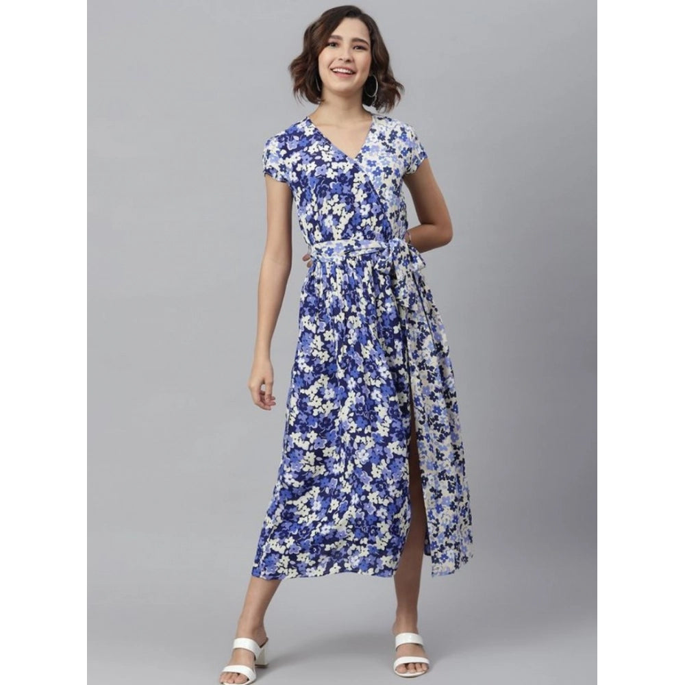 Women's purple-white polyester floral v-neck short sleeve dress