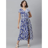 Women's purple-white polyester floral v-neck short sleeve dress