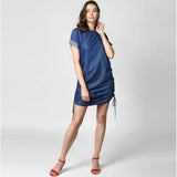 Women's solid close neck short sleeve denim dress blue