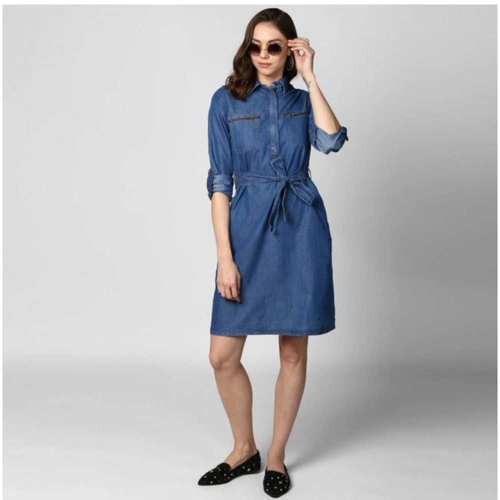 Women's blue denim dress with roll-up sleeves and a solid collar
